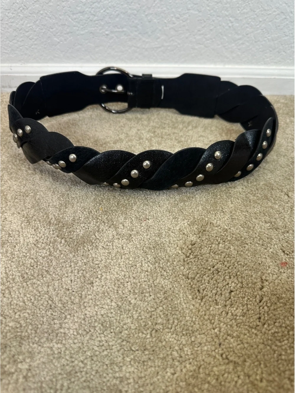 Black Braided Studded PU Leather Silver Toned Wide Belt Gothic Punk